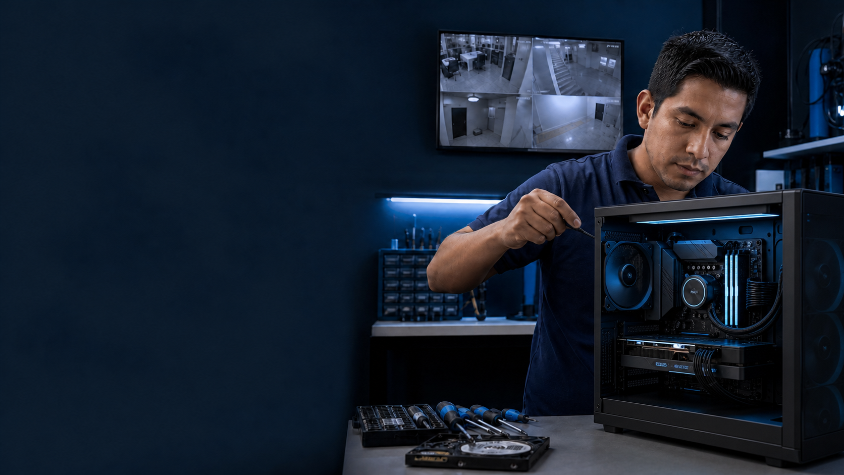 Técnico realizando mantenimiento de una computadora moderna y monitoreo de cámaras