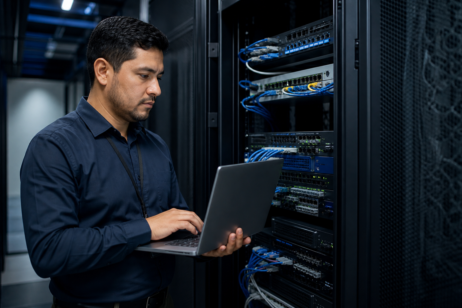 Técnico administrando servidores y conexiones de hosting