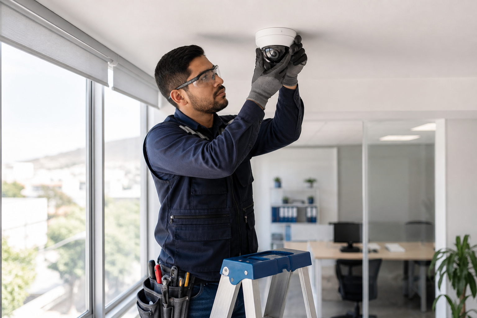 Técnico instalando una cámara de seguridad CCTV