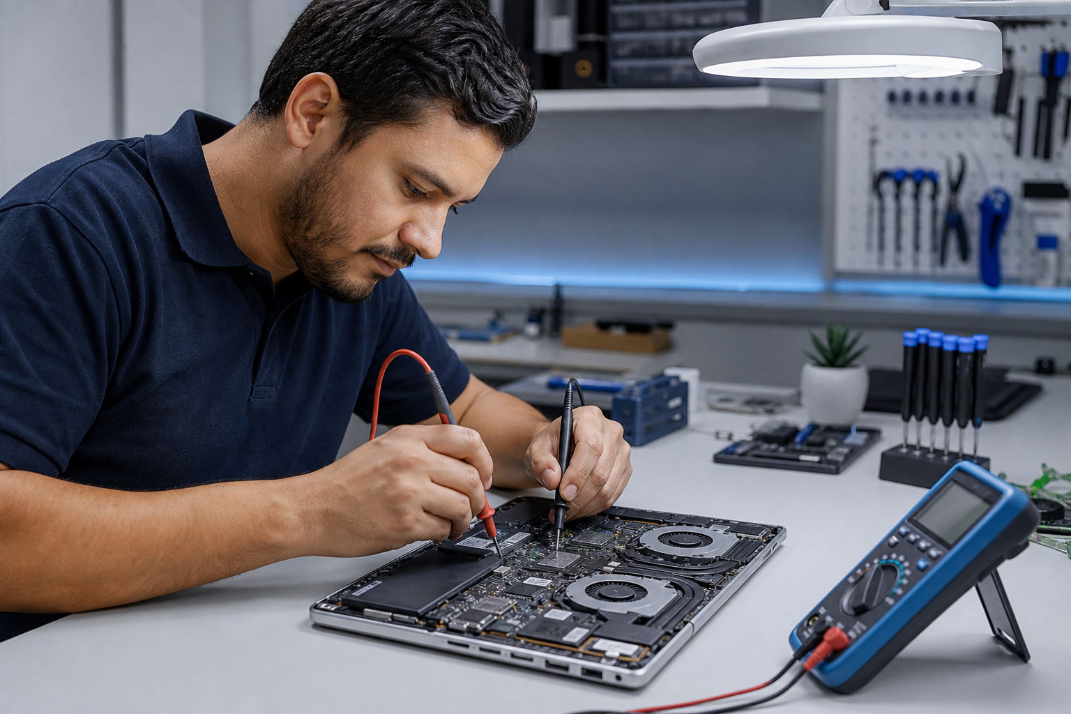 Especialista diagnosticando y reparando una laptop